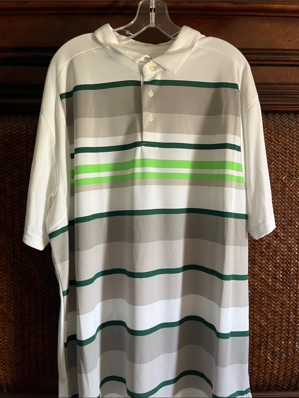 PGA Tour White Polo with Green and Lime Stripe Accents